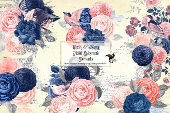 Blush and Navy Floral Ephemera Elements