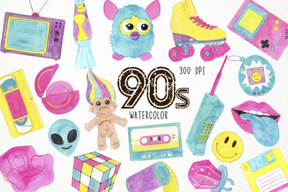 Watercolor 90s Clipart, Retro Clipart for Creative Projects