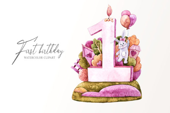 Watercolor First Birthday Bunny Clipart