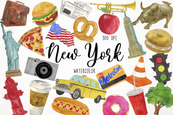 Watercolor New York Clipart, America USA