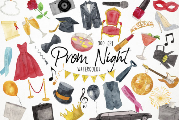 Watercolor Prom Night Clipart, Prom